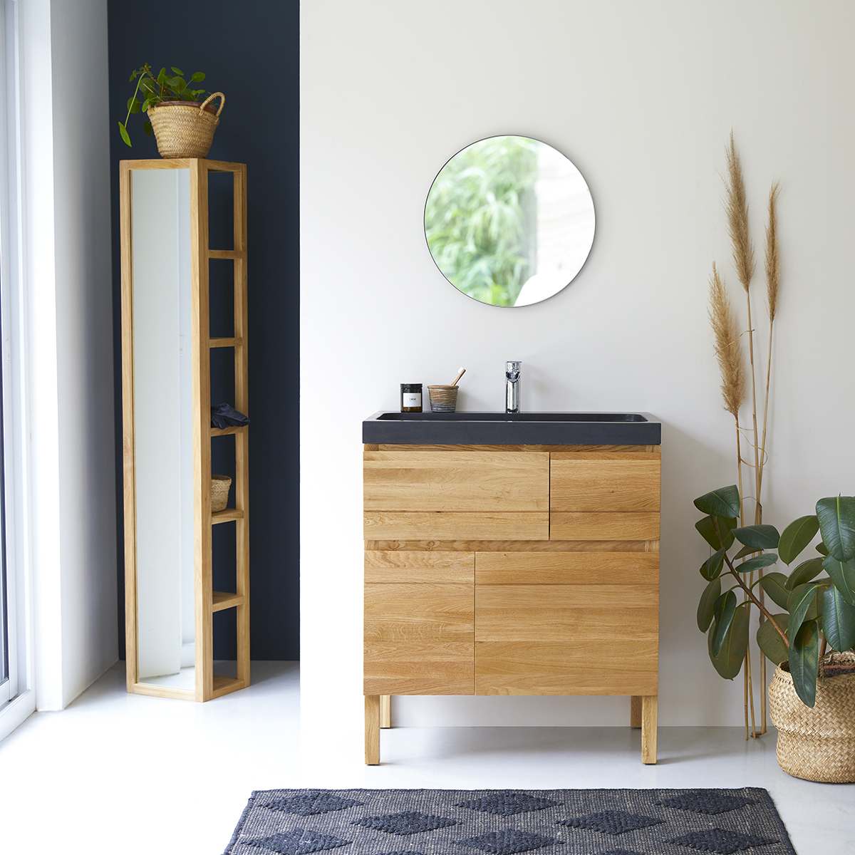 Easy solid oak and Lava Stone Vanity Cabinet 80 Easy solid oak and Lava Stone Vanity Cabinet 80