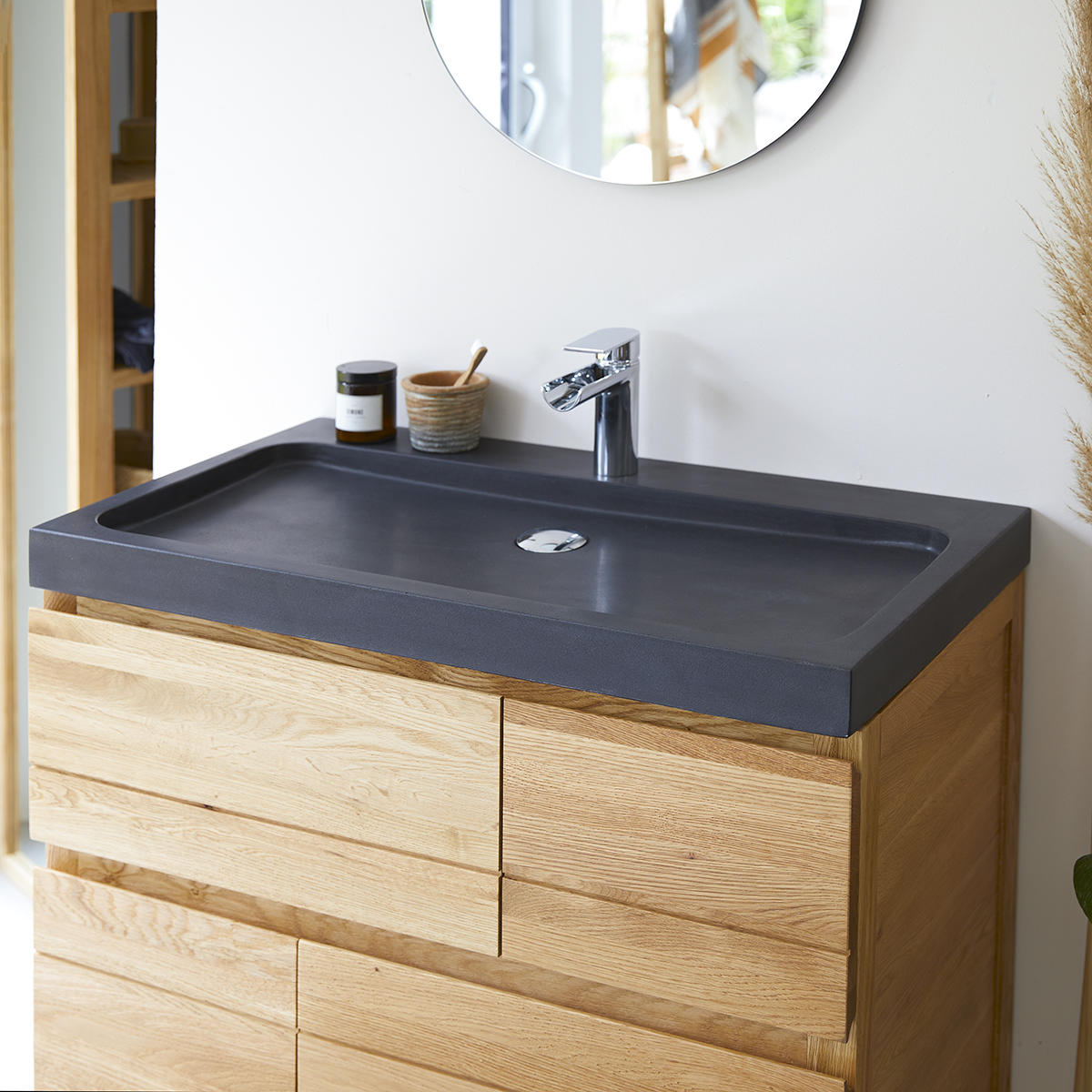 Easy solid oak and Lava Stone Vanity Cabinet 80 Easy solid oak and Lava Stone Vanity Cabinet 80