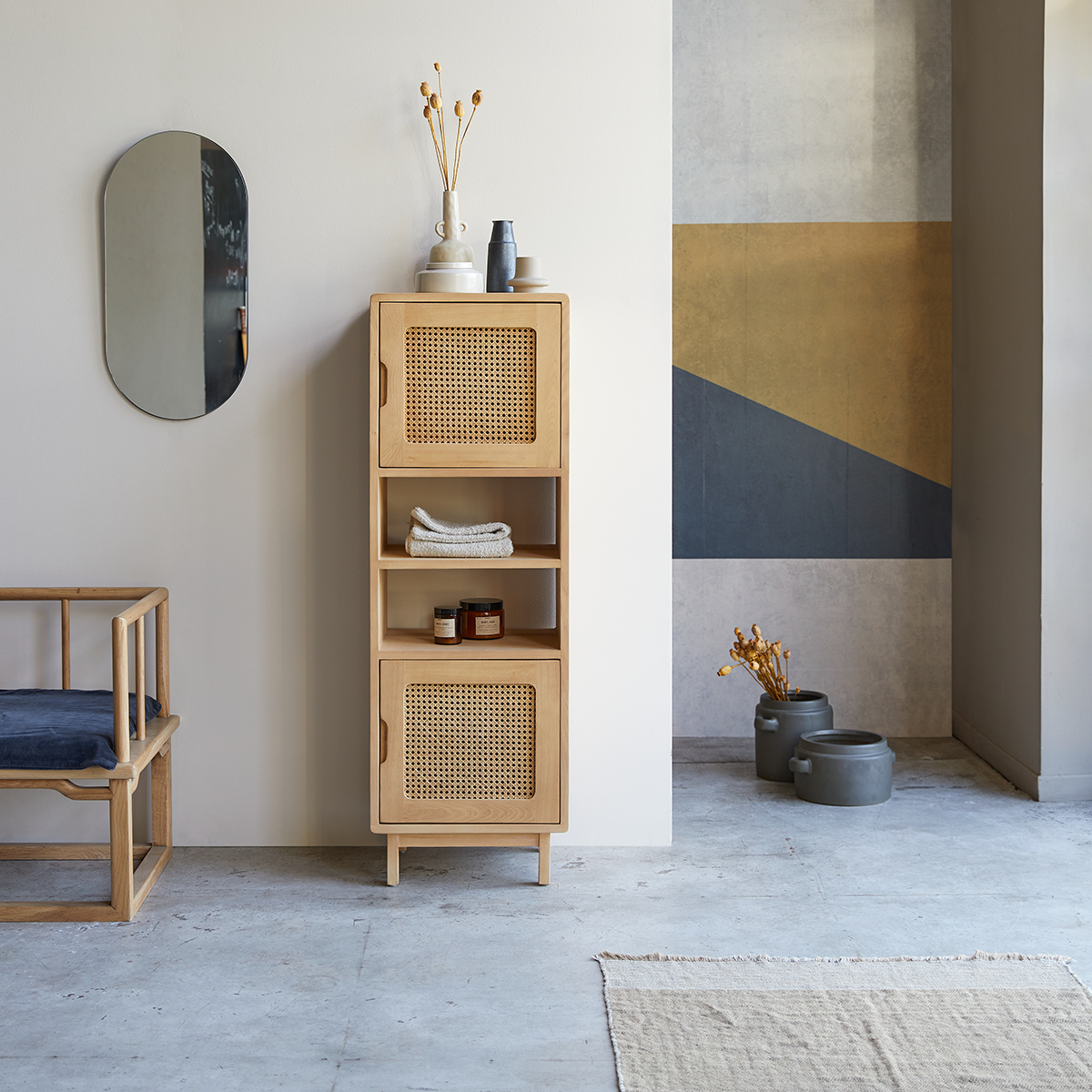 Luis high bookcase in elm and canework Luis high bookcase in elm and canework