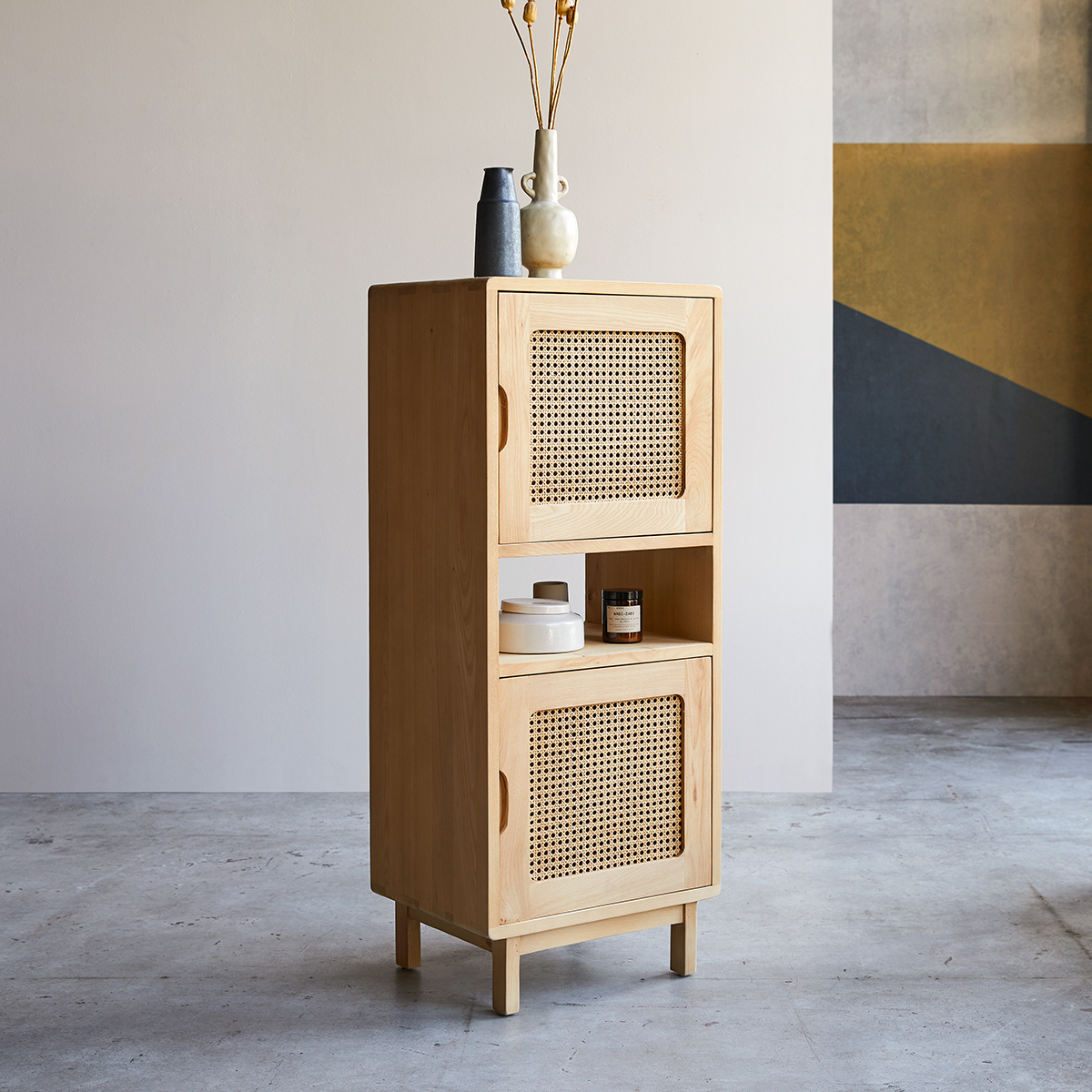 Luis low bookcase in solid elm and canework Luis low bookcase in solid elm and canework