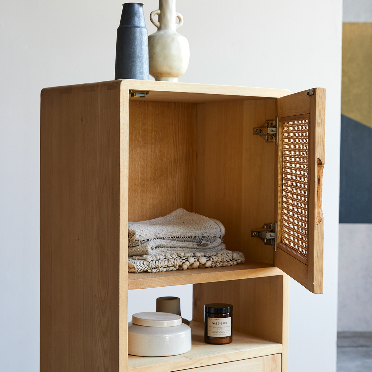 Luis low bookcase in solid elm and canework Luis low bookcase in solid elm and canework