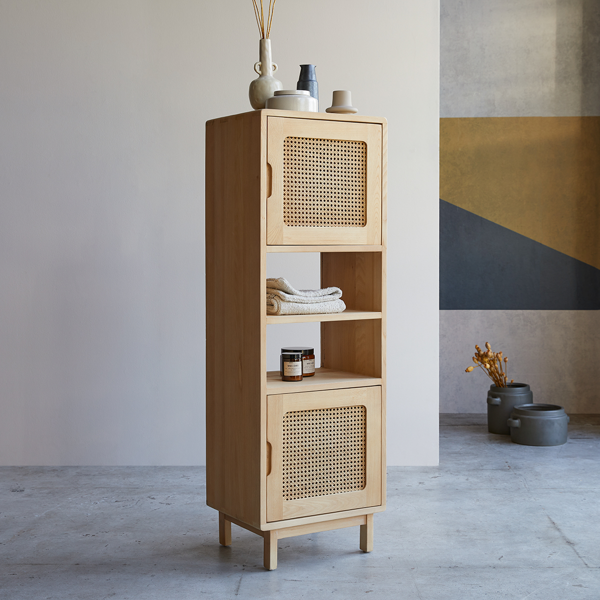 Luis solid elm and canework high cabinet Luis solid elm and canework high cabinet