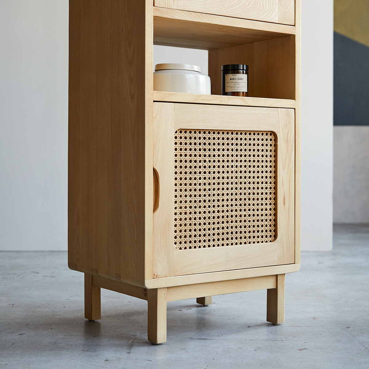 Luis solid elm and canework low cabinet Luis solid elm and canework low cabinet