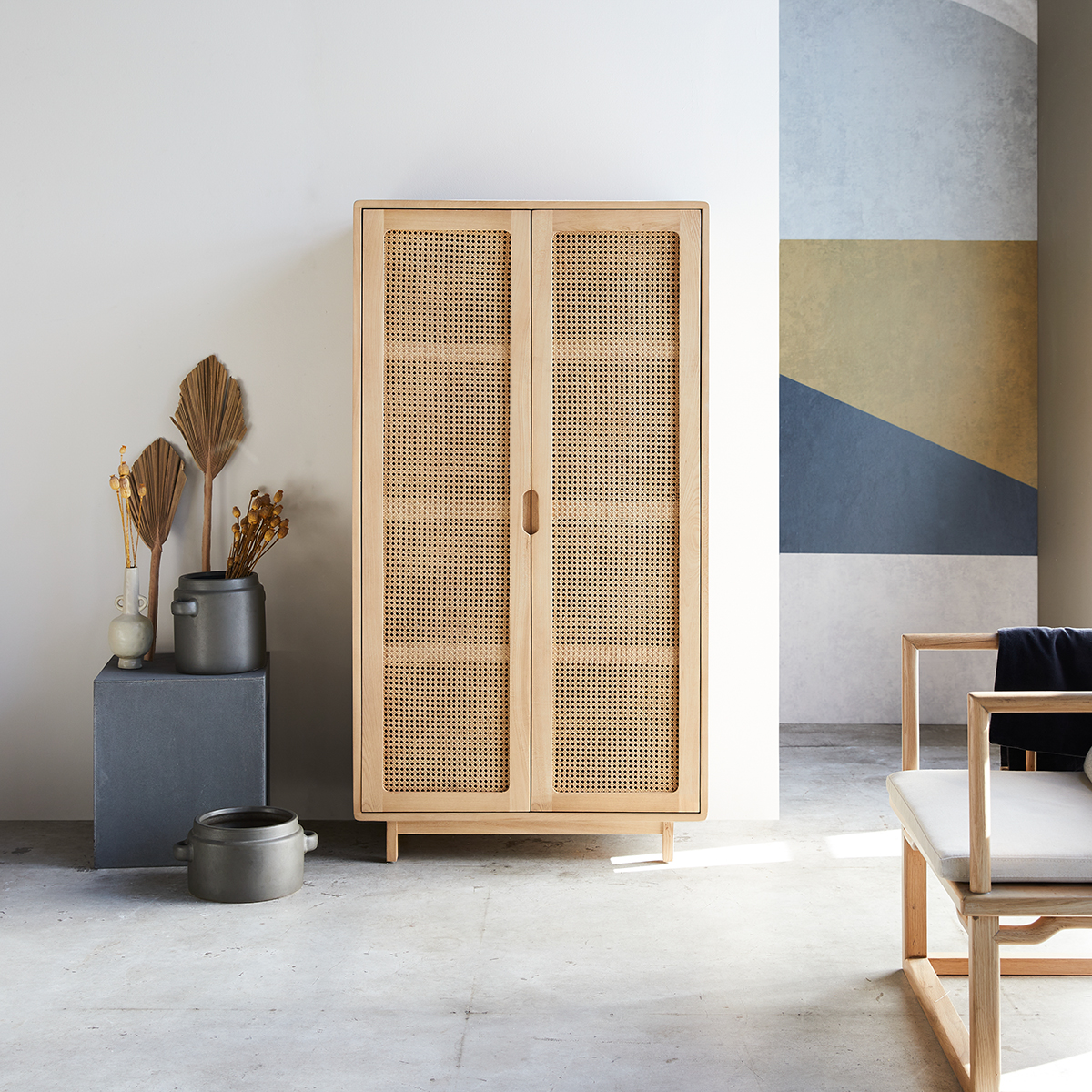 Luis solid elm and canework storage cupboard Luis solid elm and canework storage cupboard
