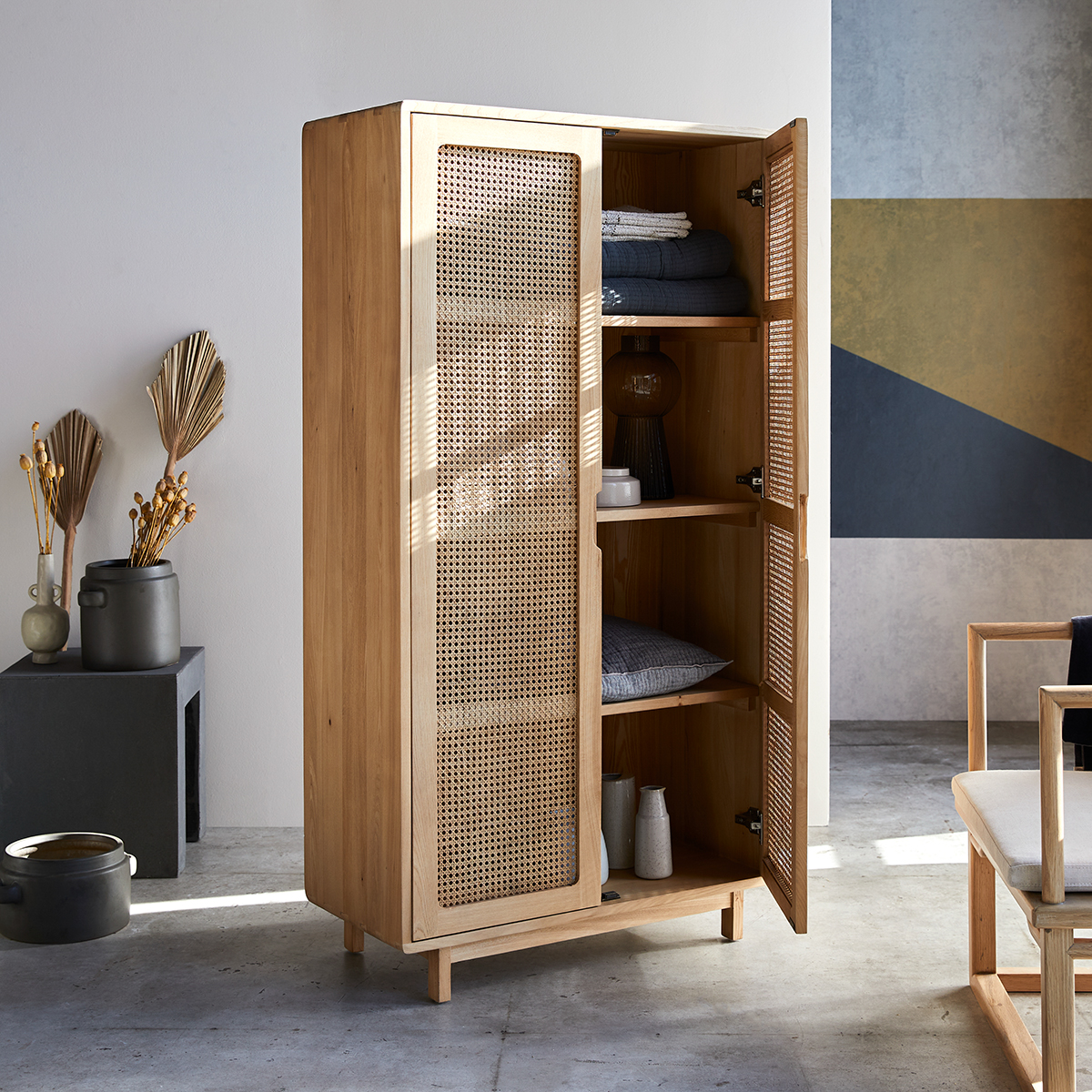 Luis solid elm and canework storage cupboard Luis solid elm and canework storage cupboard