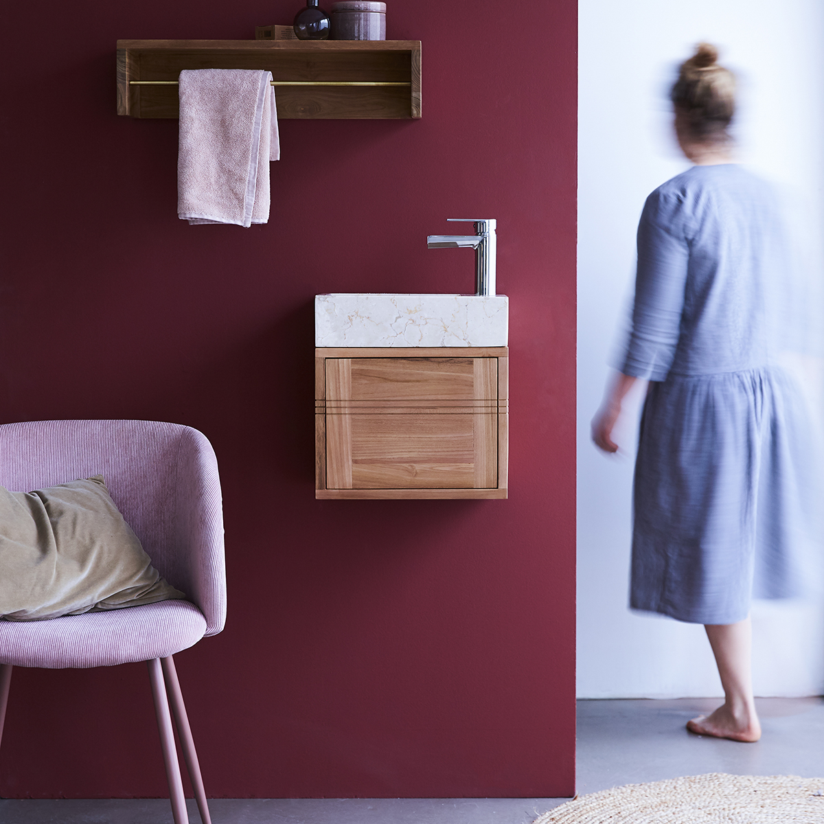 Meuble Lave main en teck massif et marbre Basic cream Meuble Lave main en teck massif et marbre Basic cream