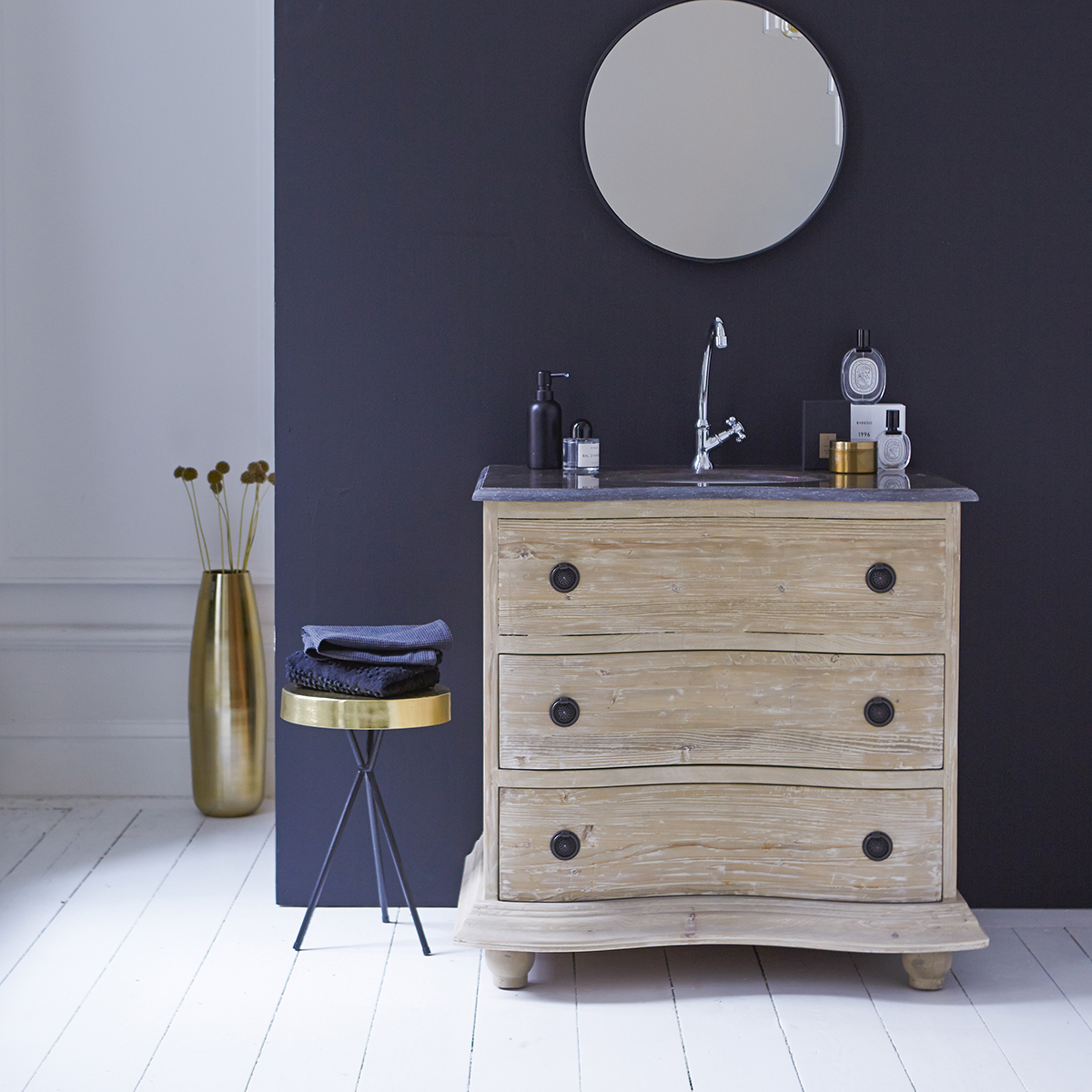 Mueble de baño de pino con lavabo de piedra 90 Hermione Mueble de baño de pino con lavabo de piedra 90 Hermione