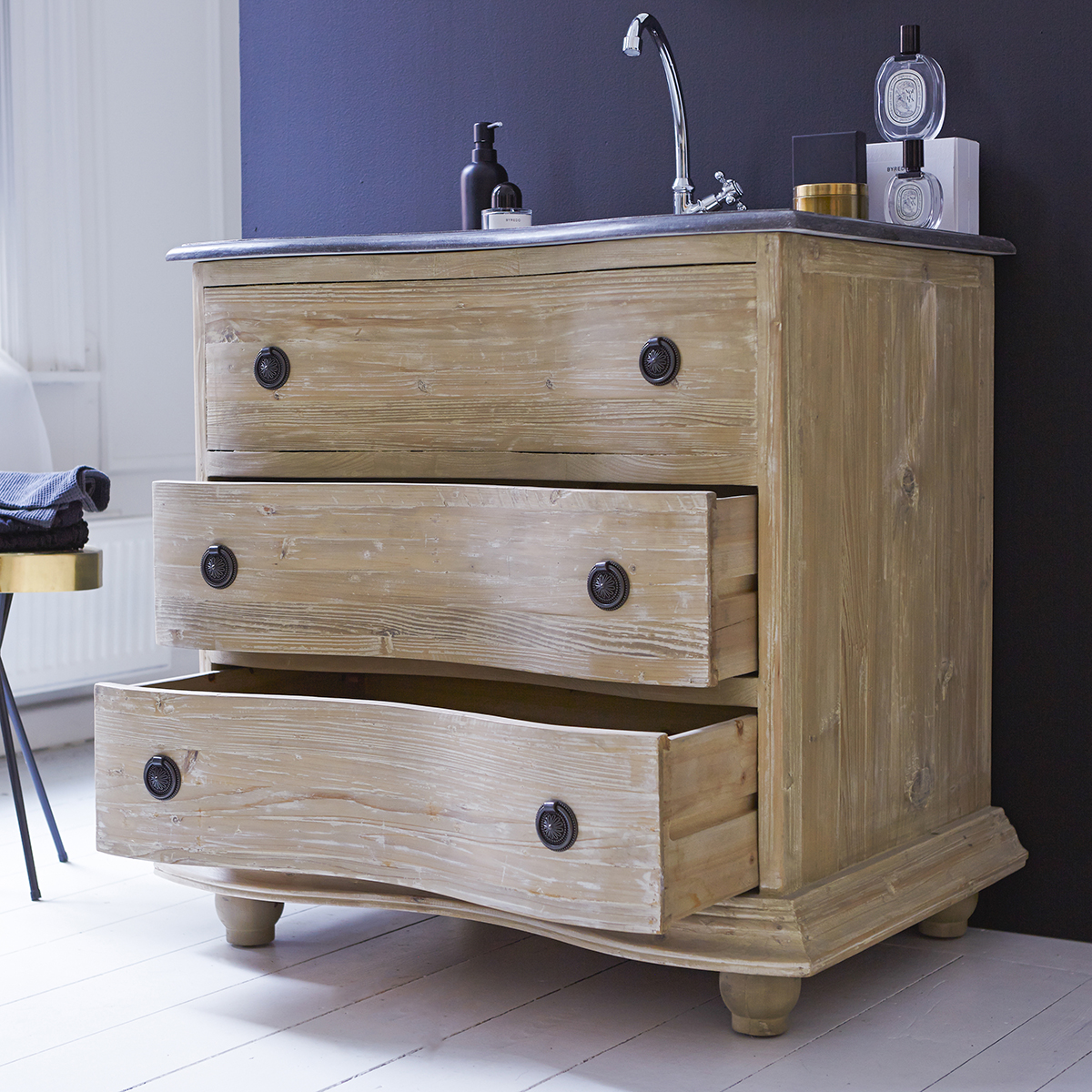 Mueble de baño de pino con lavabo de piedra 90 Hermione Mueble de baño de pino con lavabo de piedra 90 Hermione
