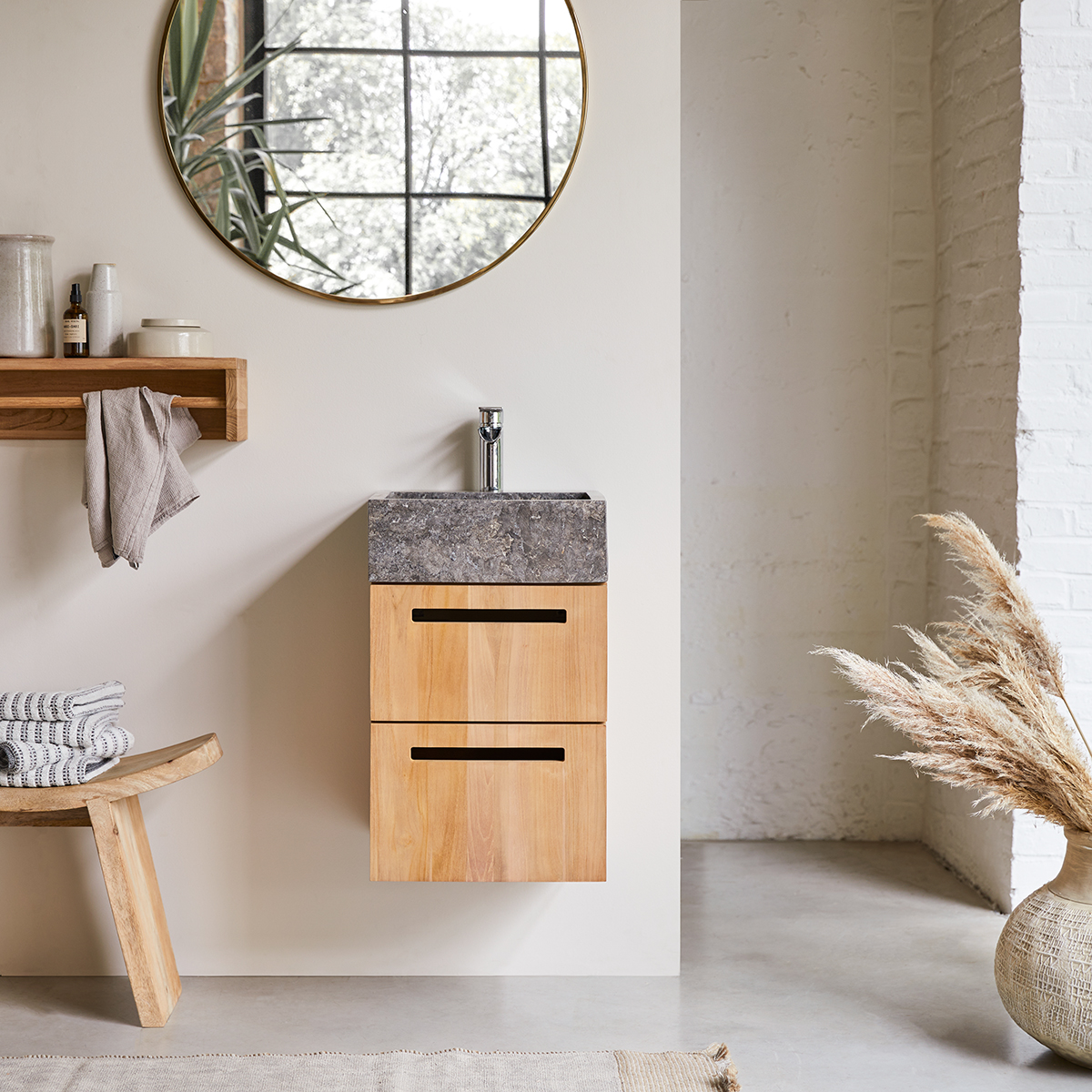 Mueble de baño suspendido en teca con lavabo de mármol 40 Line Mueble de baño suspendido en teca con lavabo de mármol 40 Line