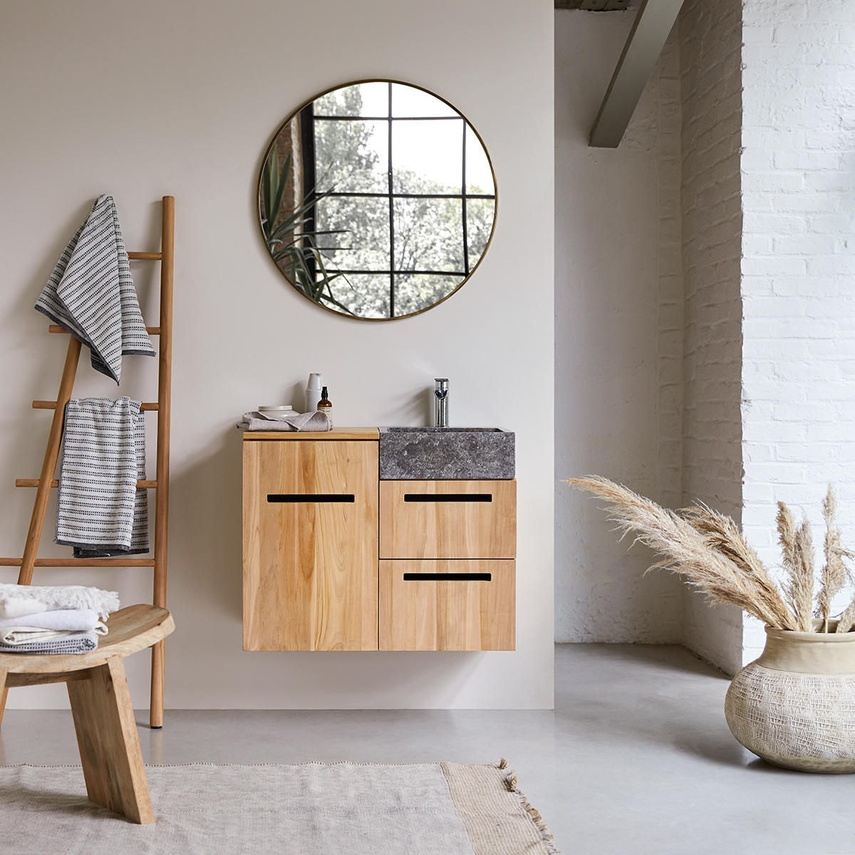 Mueble de baño suspendido en teca con lavabo de mármol 85 Line Mueble de baño suspendido en teca con lavabo de mármol 85 Line