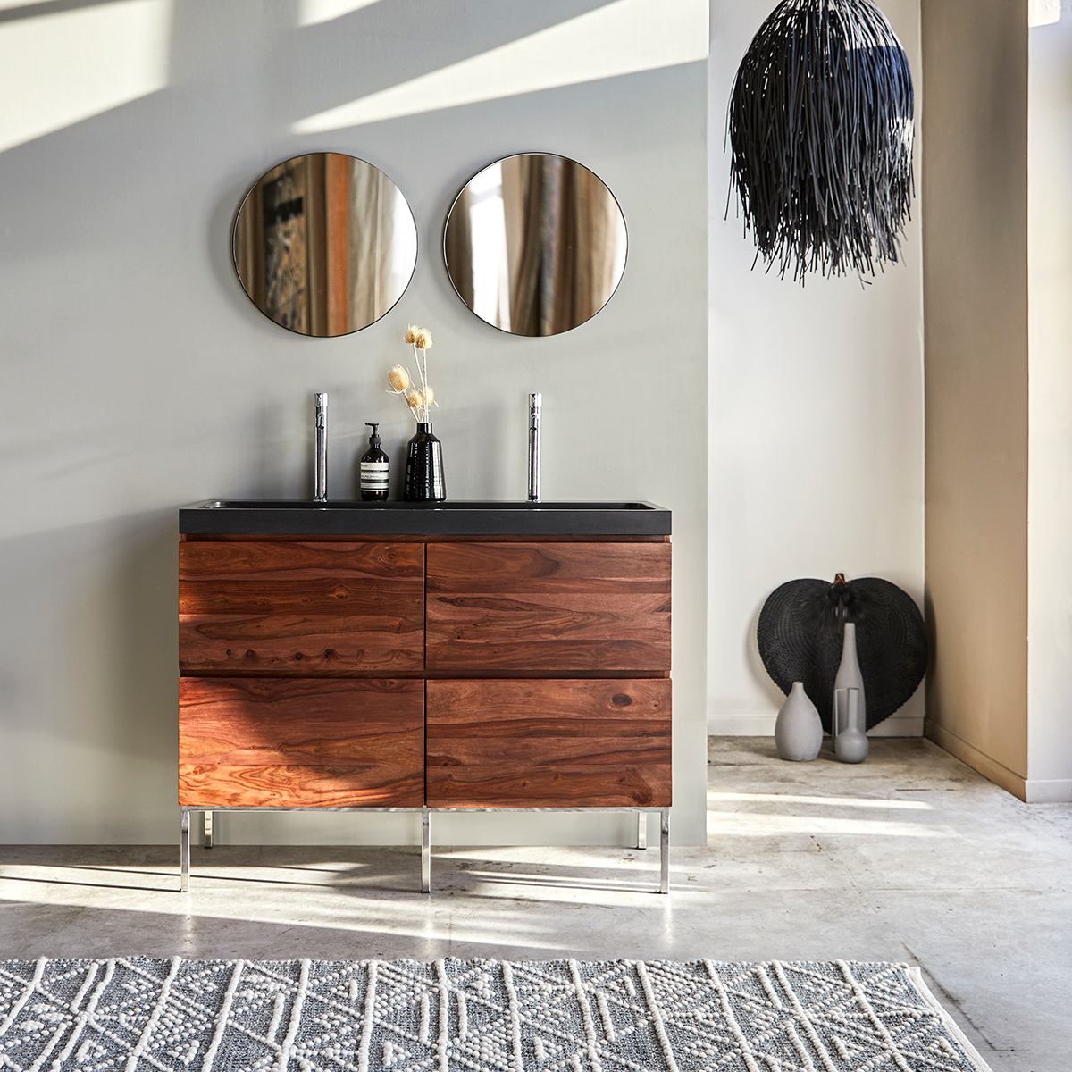 Nova solid sheesham Vanity Cabinet with Lava Stone Washbasin 120 Nova solid sheesham Vanity Cabinet with Lava Stone Washbasin 120