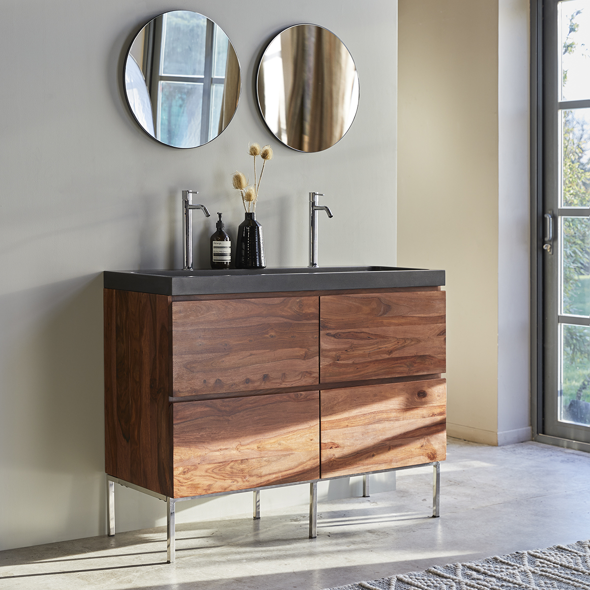 Nova solid sheesham Vanity Cabinet with Lava Stone Washbasin 120 Nova solid sheesham Vanity Cabinet with Lava Stone Washbasin 120