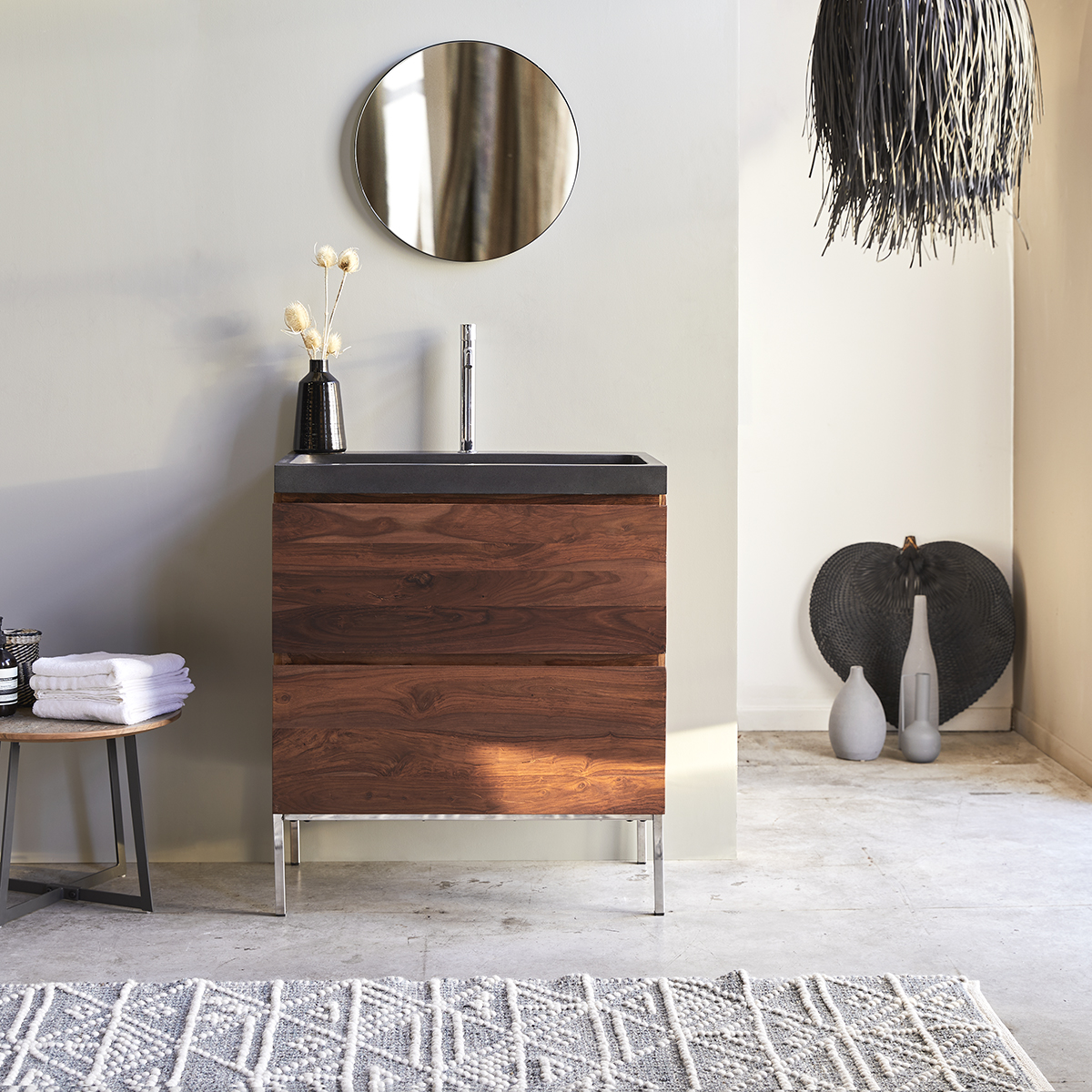 Nova solid sheesham Vanity Cabinet with Lava Stone Washbasin 80 Nova solid sheesham Vanity Cabinet with Lava Stone Washbasin 80