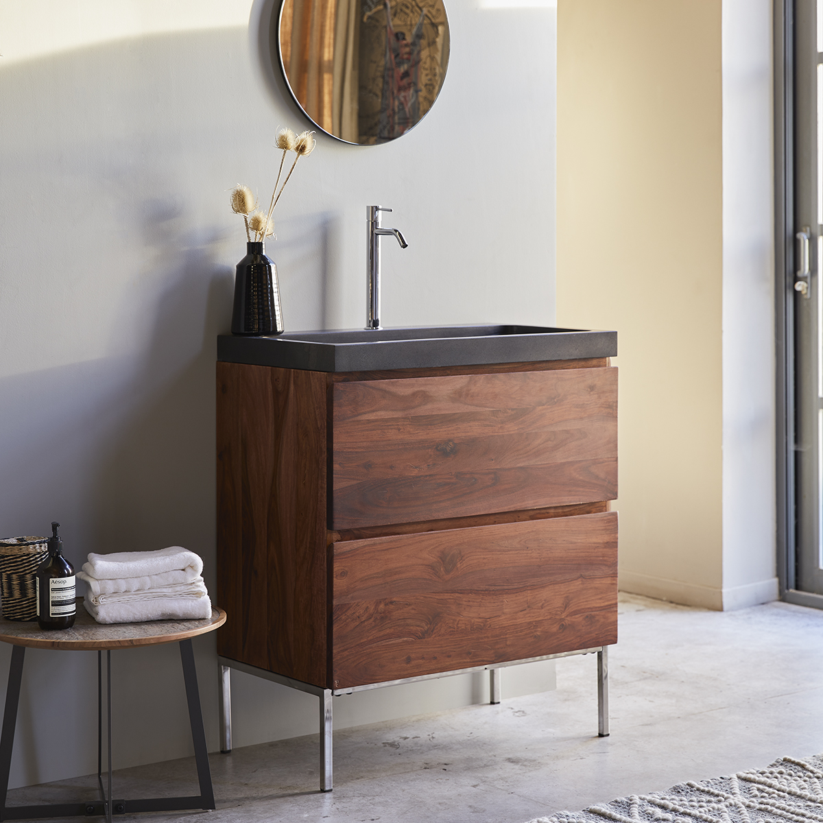 Nova solid sheesham Vanity Cabinet with Lava Stone Washbasin 80 Nova solid sheesham Vanity Cabinet with Lava Stone Washbasin 80