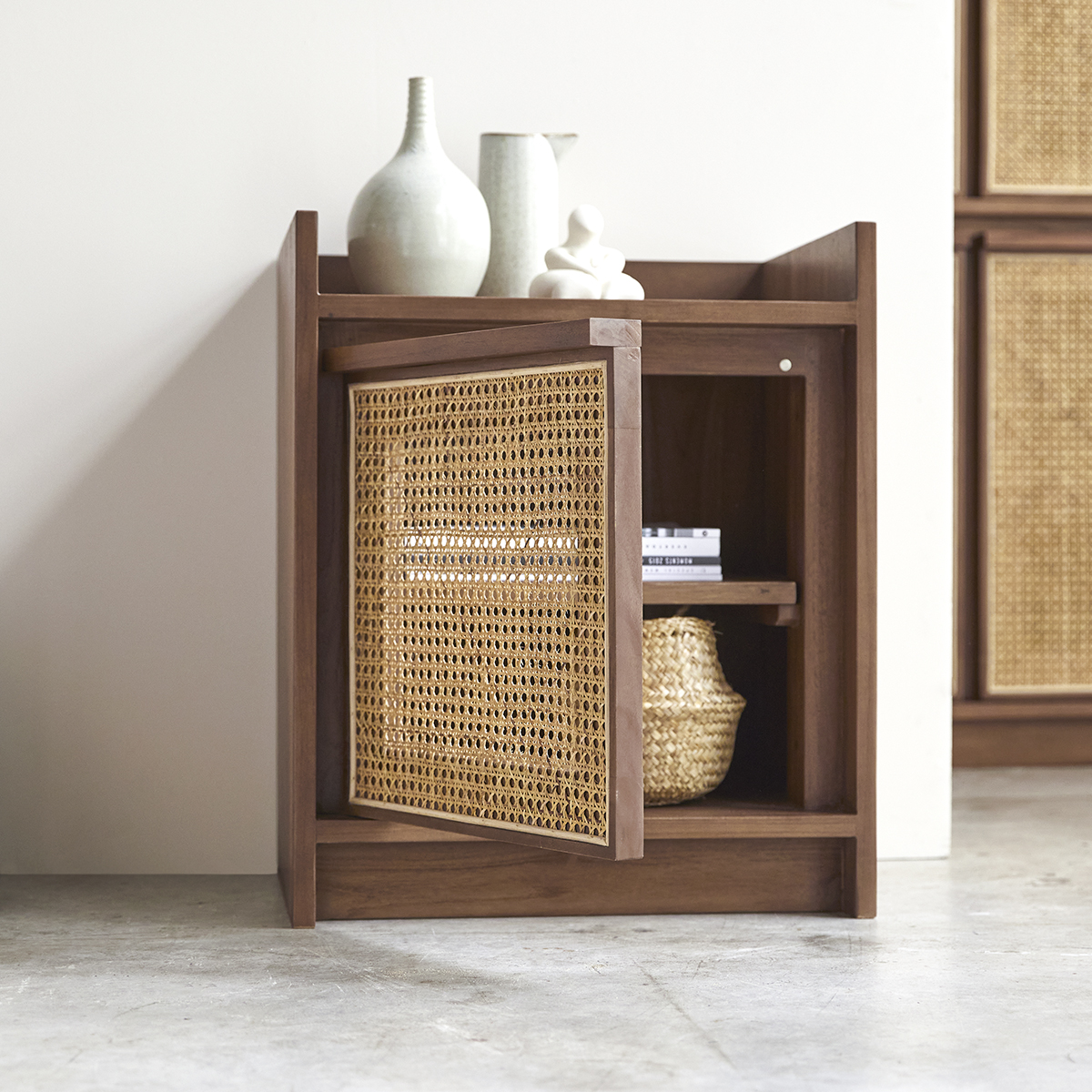 Roots teak and canework bedside table Roots teak and canework bedside table